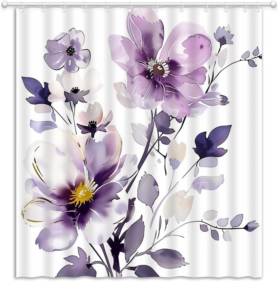 Purple Floral Shower Curtain Watercolor Flowers Botanical Spring Minimalist Women Girls Fabric Bathroom Decor Curtains with Hooks, 70" Wx84 H
