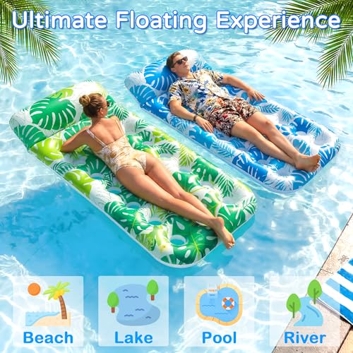 FindUWill Inflatable Pool Floats Raft, 2 Pack Pool Floats with Headrest for Adults, X-Large, Cooling Pool Floaties Contour Lounger (Tropical Blue & Tropical Green) by FindUWill - Used condition - Image 7