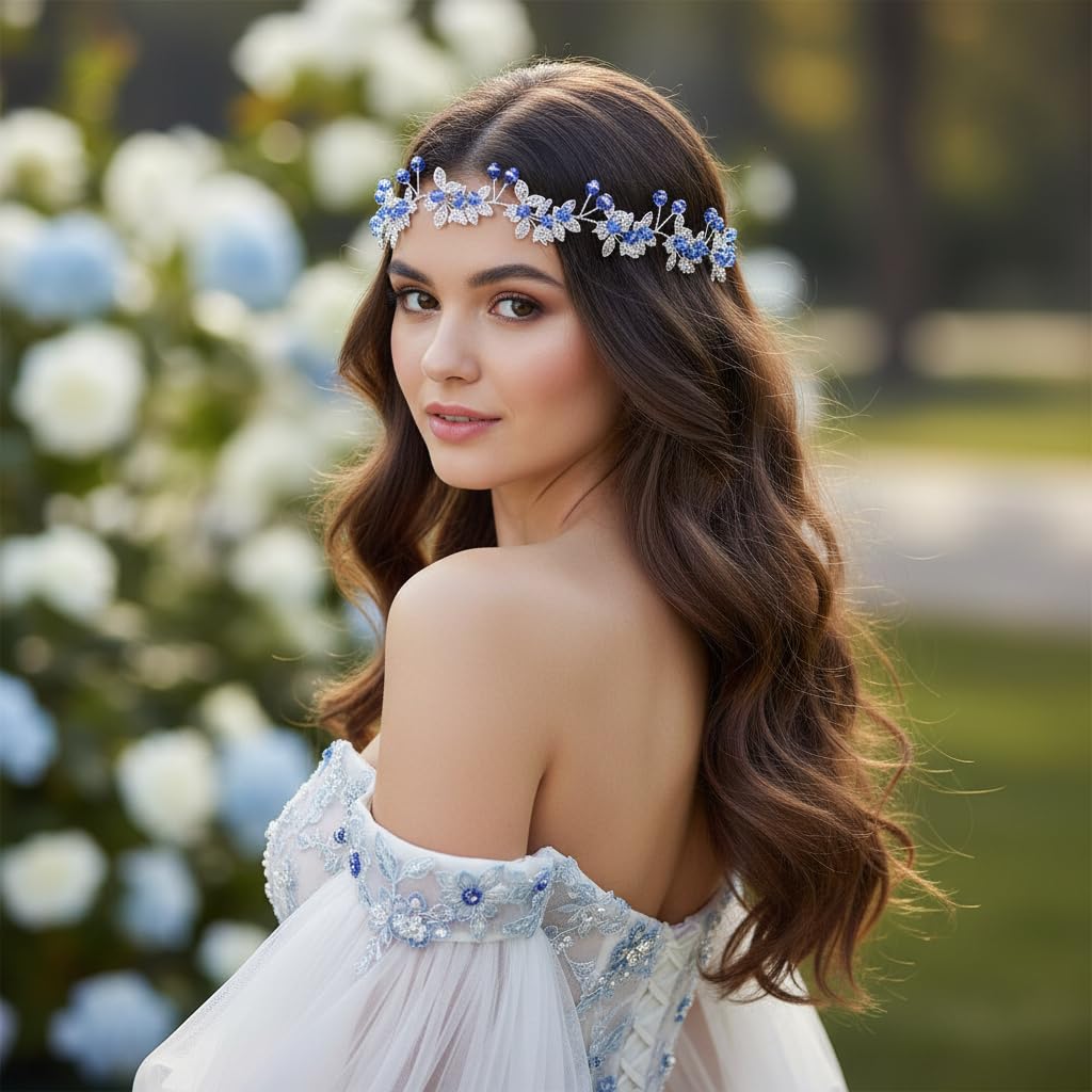 Missgrace - Fascia per capelli da sposa con cristalli, colore blu navy, per matrimoni e spose, per feste serali – blu navy con fiori da donna e ragazza vintage