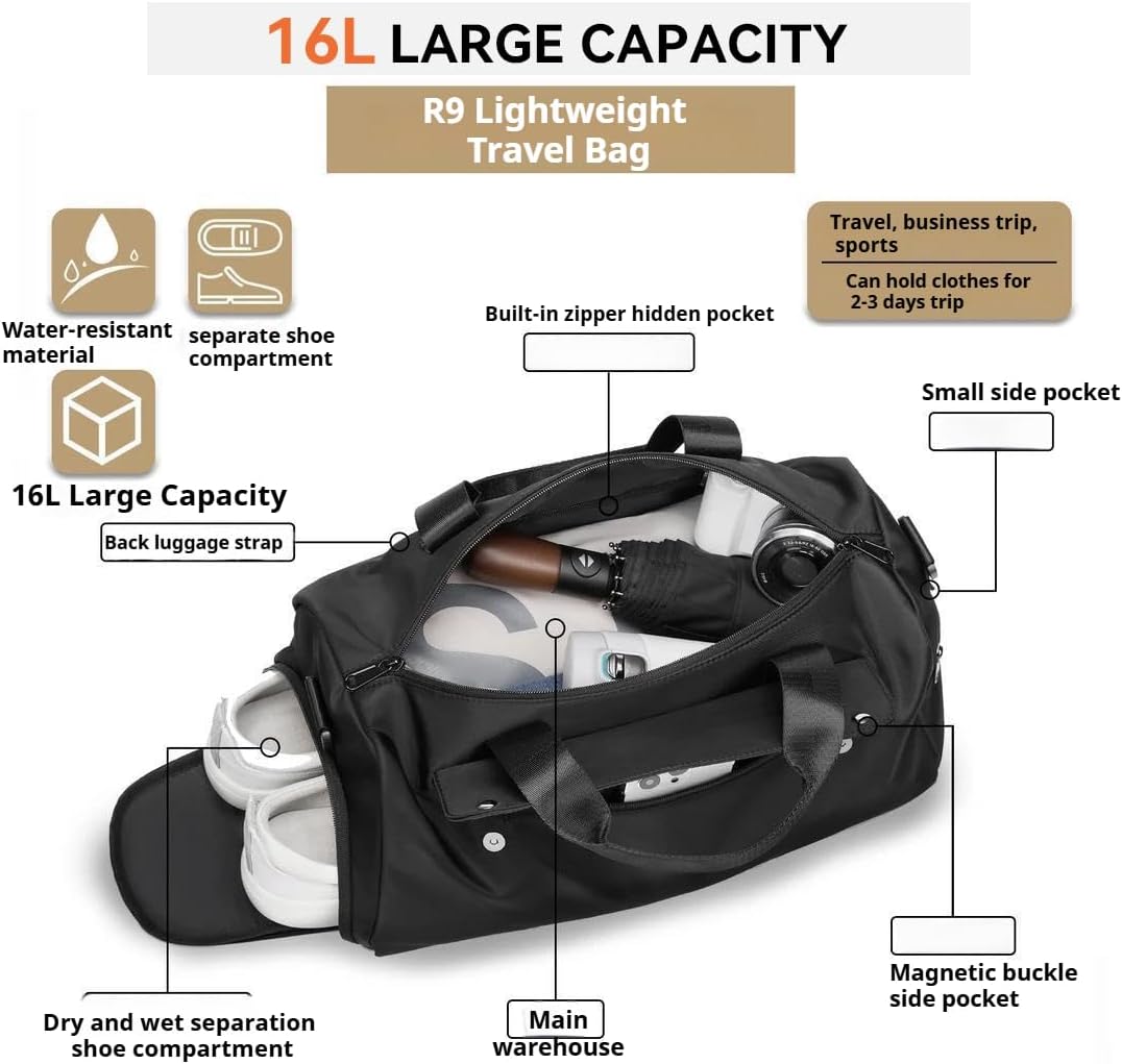 ReeYee 16L Lightweight Travel Duffel Bag with Shoe Compartment, Water-Resistant Gym Bag, Black, 40x20x20cm, Cordura Fabric, with Luggage Strap