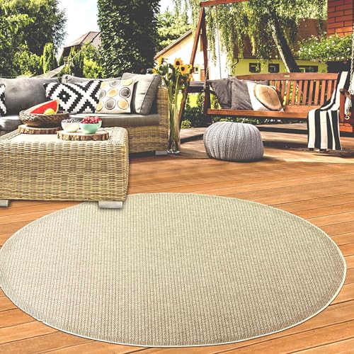 Teppich-Traum Teppich Wohnzimmer Outdoor Garten Balkon Terrasse wetterfest strapazierfähig farbecht mit originellem unifabenen Muster in beige, 160 cm Rund