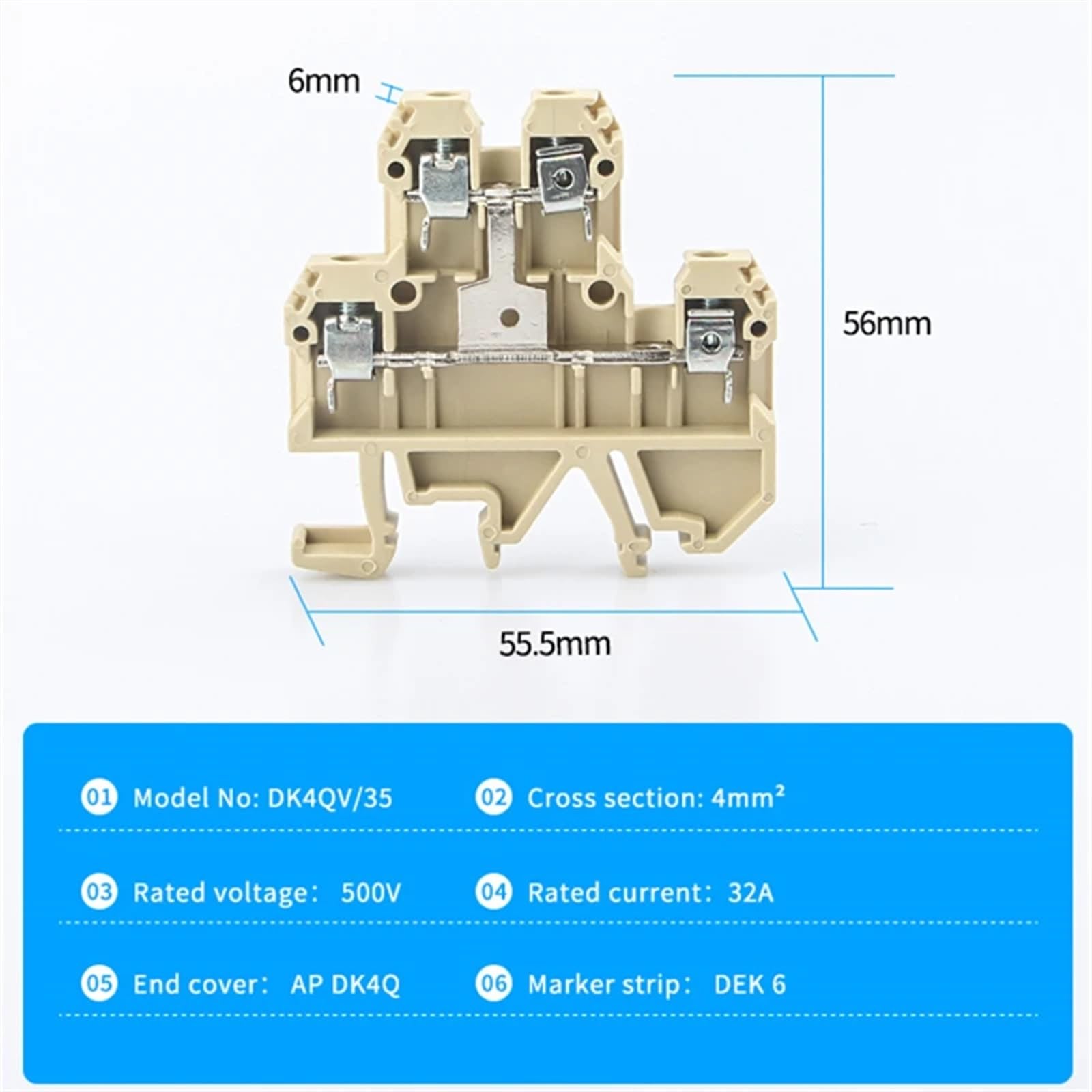 DK-4QV/35 Din Rail Wire Conductor 10Pcs Connector Two Level Screw Clamp Terminal Blocks Inflaming Type DK4QV/35