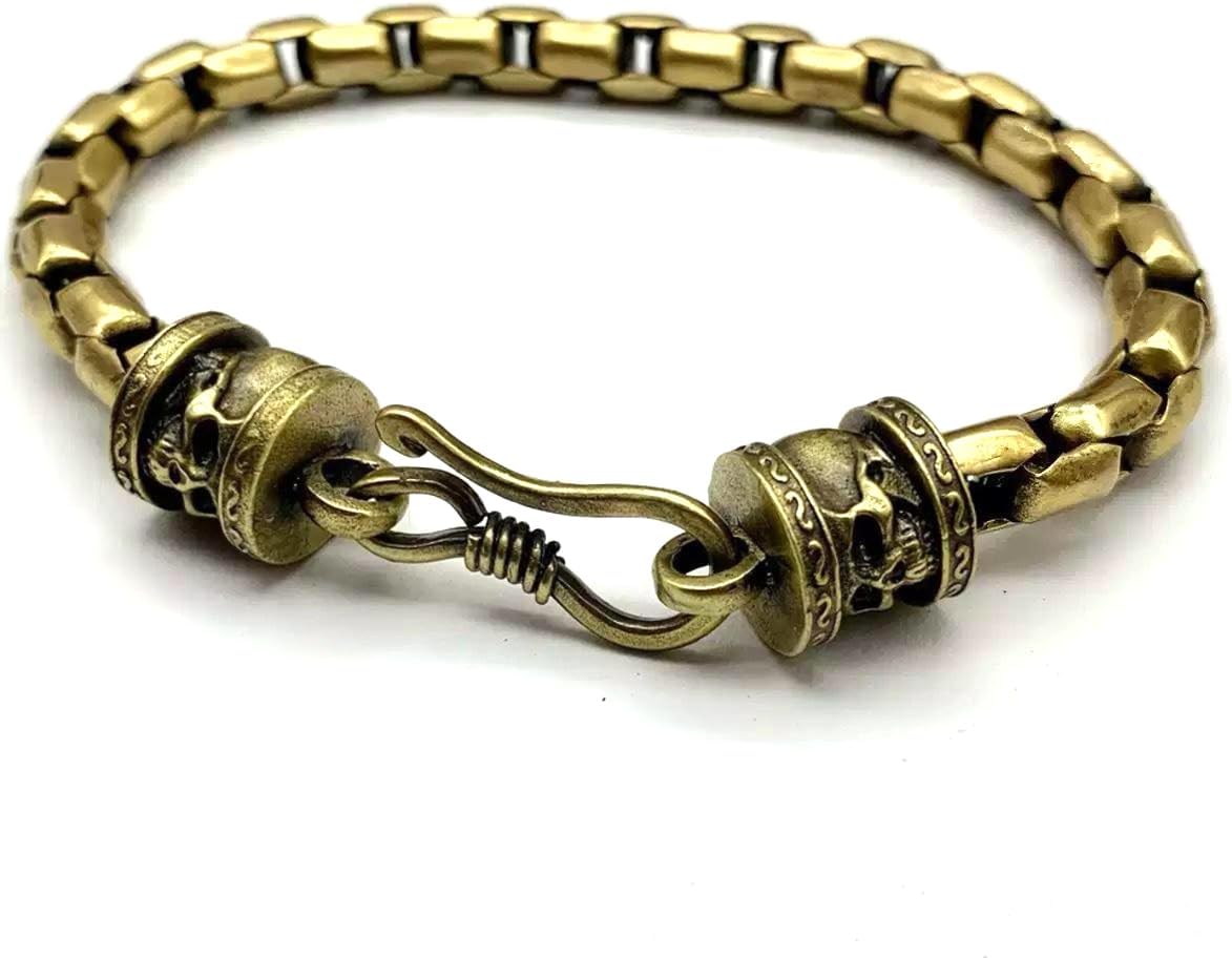 Brass Skull Chain Bracelet for Men - Handmade Vintage Link Cuff Antique Jewelry Accessory,220mm(8.66inch)