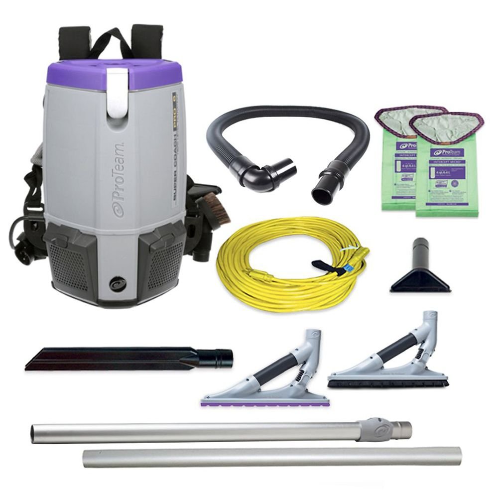 ProTeam Super Coach Pro 6 Commercial Backpack Vacuum with ProBlade Hard Surface and Carpet Tool Kit, 6 Quart, Corded, 107535