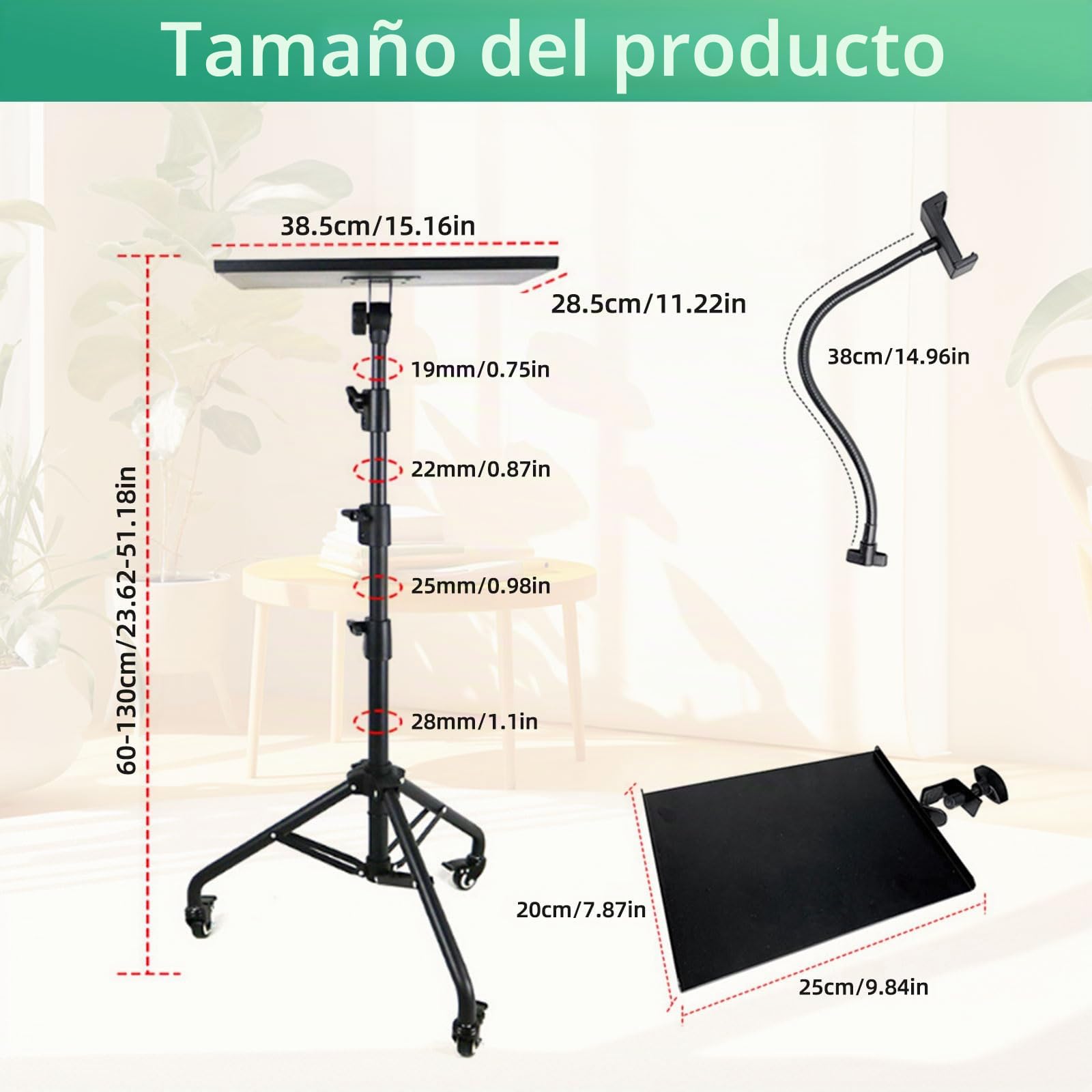 Soporte para proyector con ruedas, soporte de suelo para tablet con banda elástica y soporte de suelo, altura ajustable de 60 cm a 120 cm, trípode versátil