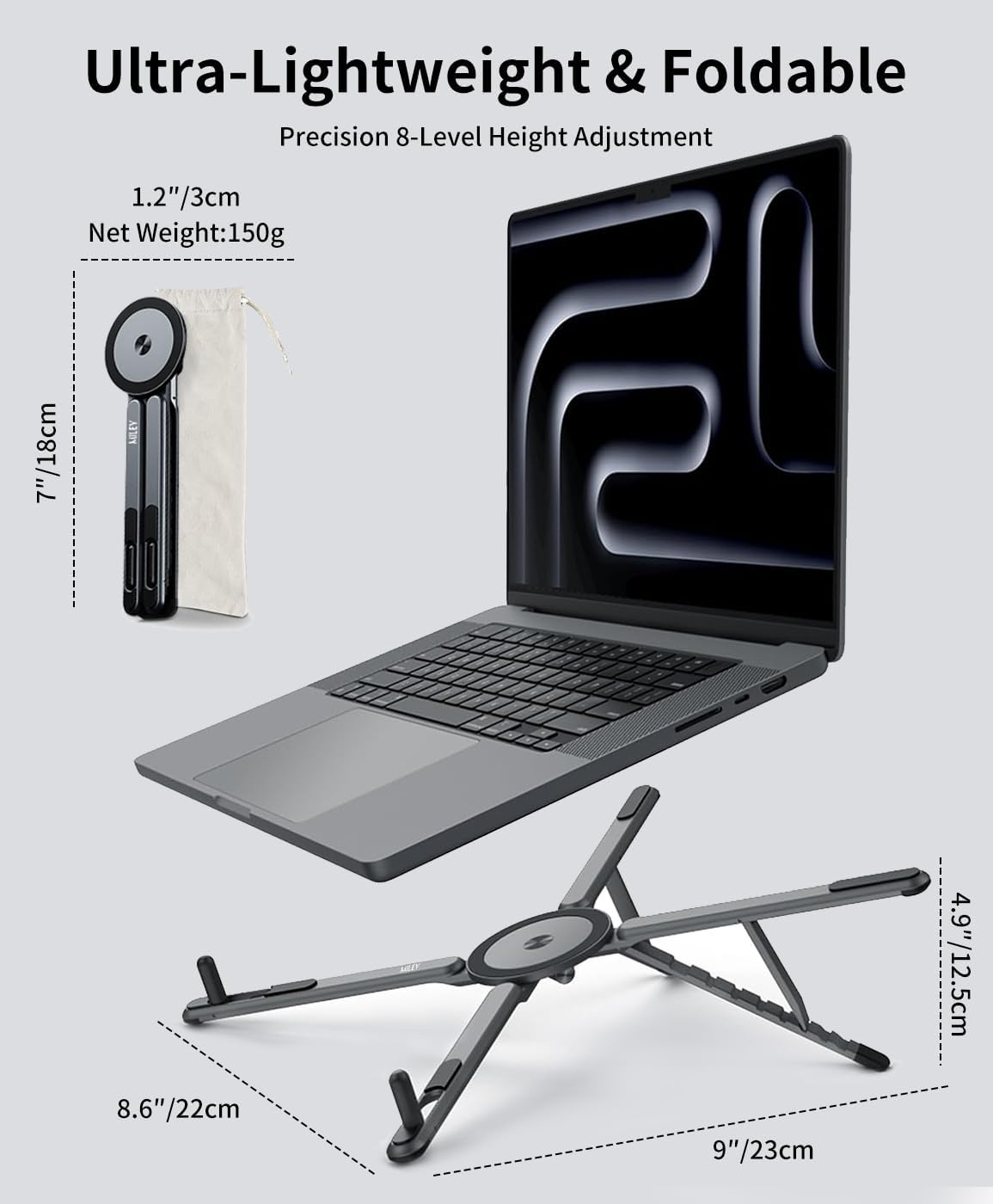 miley Portable Foldable Laptop Stand for Desk,Foldable Ergonomic,8-Level Height,with 13–17" Laptops,Aluminum Construction,Tripod Compatible,Portable with,Includes Storage Bag