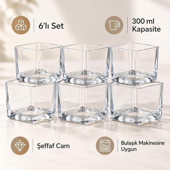 Deinhaus, Cam Servis Kasesi Seti, Şeffaf, Kare Şekilli, Çok Amaçlı, Tatlı Sunum Kabı, Atıştırmalık ve Meyve İçin, 200ml
