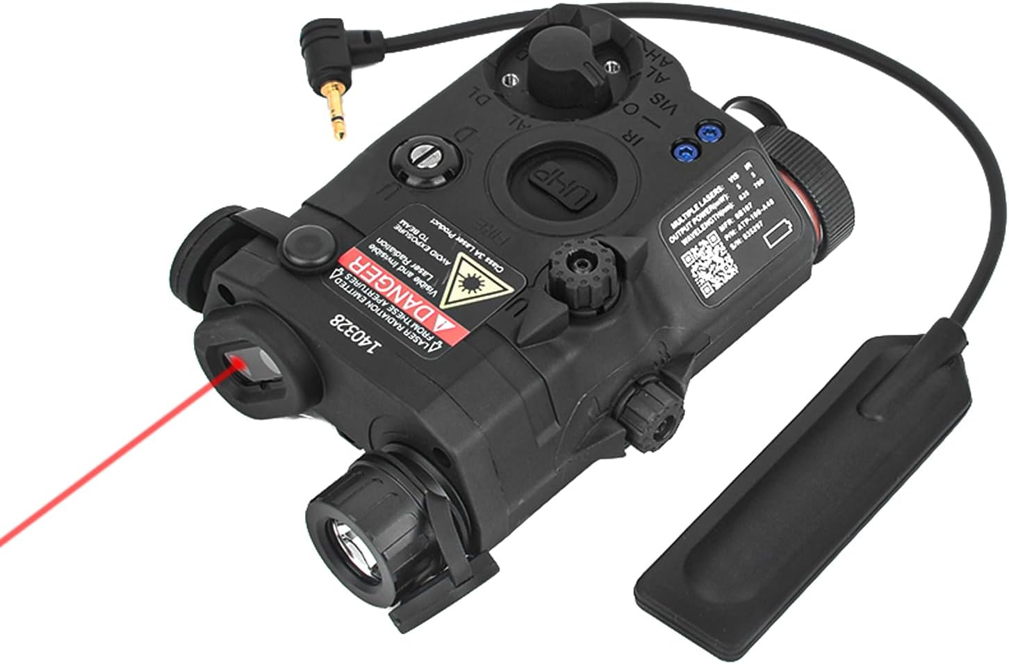 Airsoft PEQ 15 Tactical Aiming Red Laser Sight with IR+Red+White Light, with 2.5mm Plug Remote Pressure Switch, Fit for 20mm Picatinny Rail AEG GBB CQB