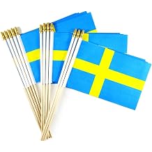 Newperlite Sweden Stick Flag Swedish Small Mini Hand Held Flags - Solid Wooden Pole and Spear Top,12 Pack, 5x8 Inches