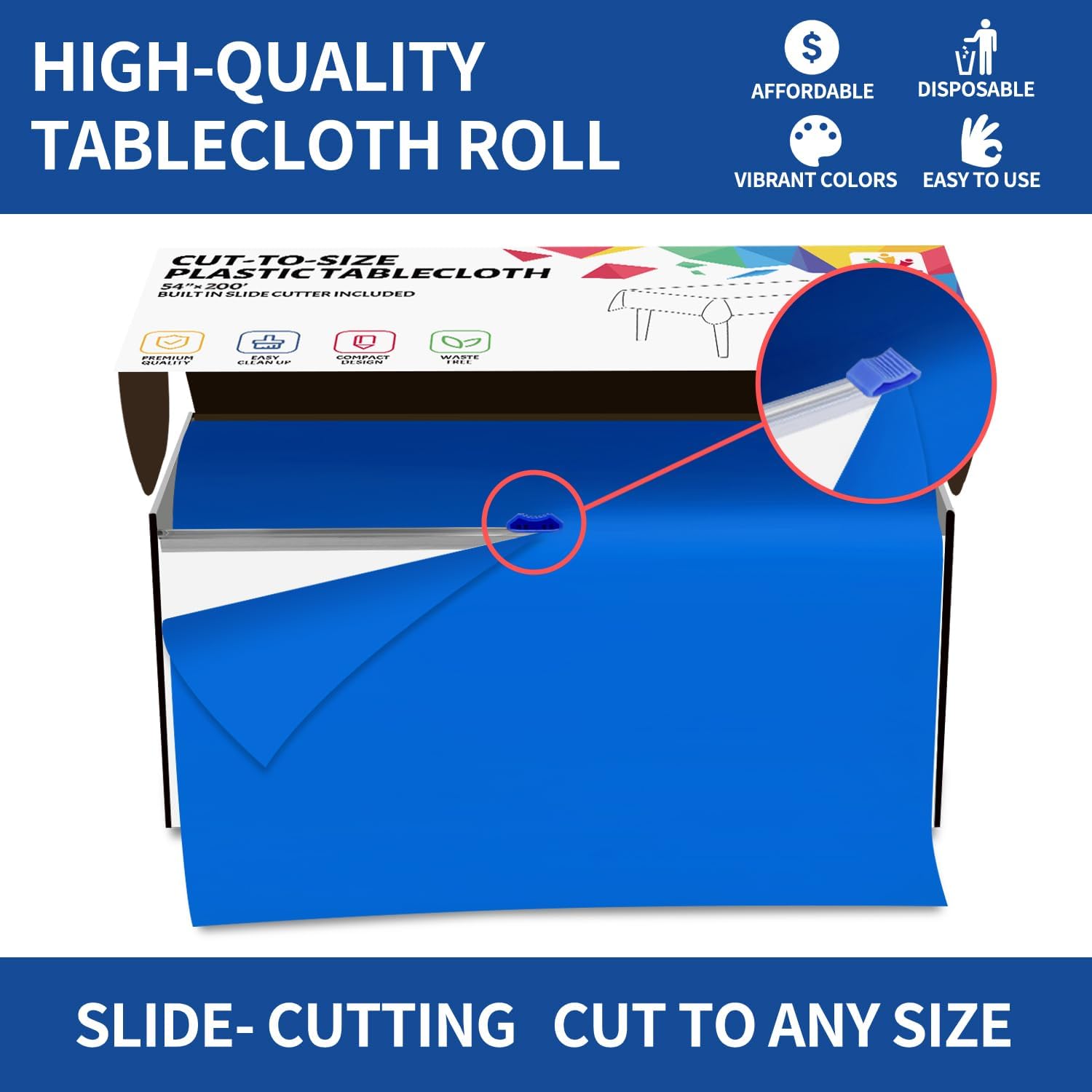 CXPSINC 54 Inch X 200 Feet Plastic Table Cover Roll Disposable Tablecloth with Slide Cutter for All Type/Shape Tables | Picnic, Party, Banquet, Birthdays, Weddings (Blue) - Image 4