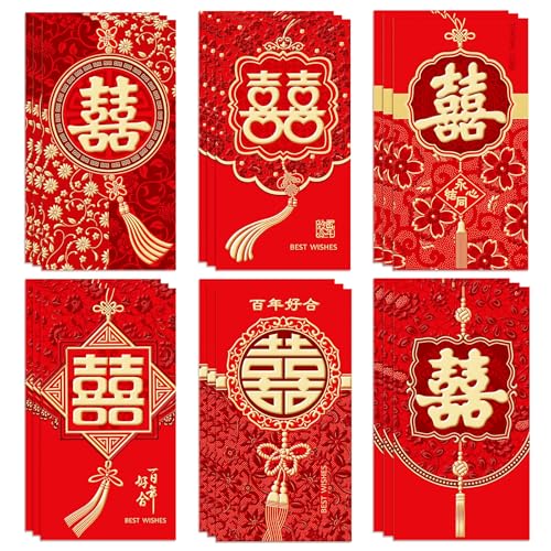 BAIWOVIS Red Envelopes for Chinese Wedding, 18 Pieces Traditional Floral Double Happiness Red Packets, Classic Hong Bao Money Pocket, Chinese Wedding Favor Accessories