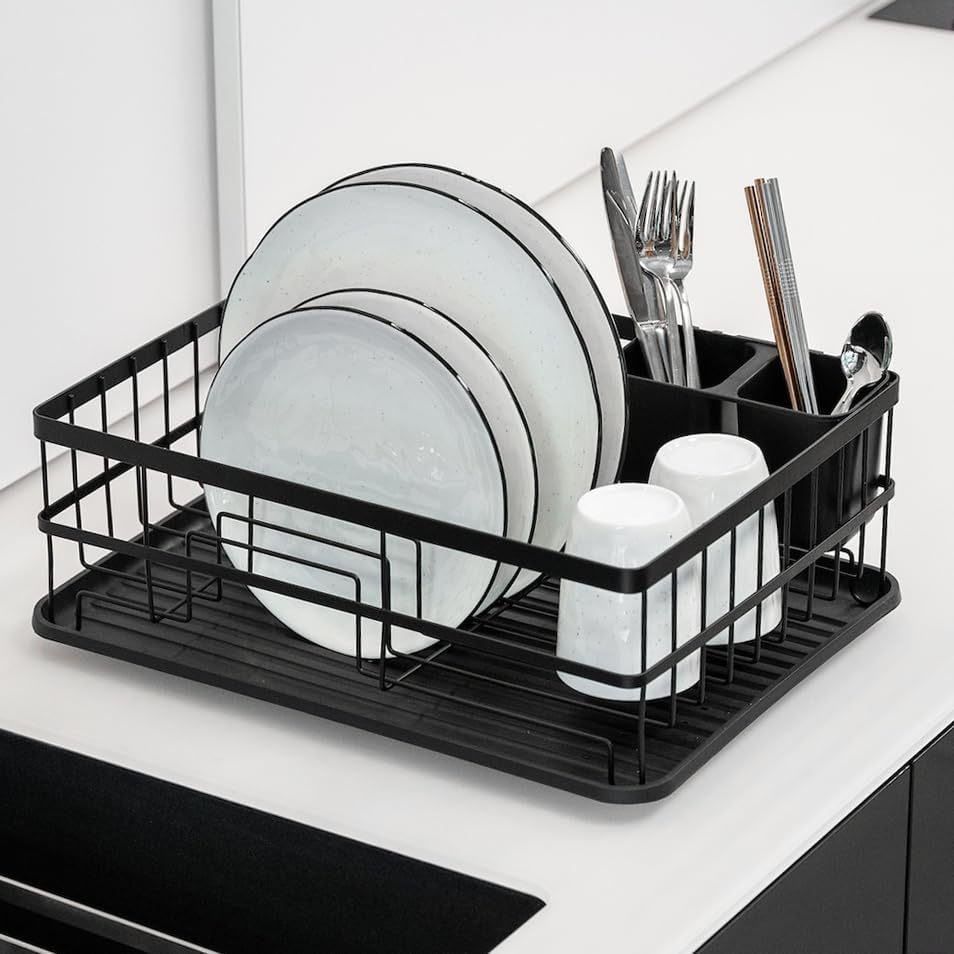 Dish Drying Rack (42x31.5x15.5cm) Matt Black Metal Dish Drainer for Sink with Cutlery Drainer and Plastic Drip Tray for Storage Draining Rack for Plate Glasses