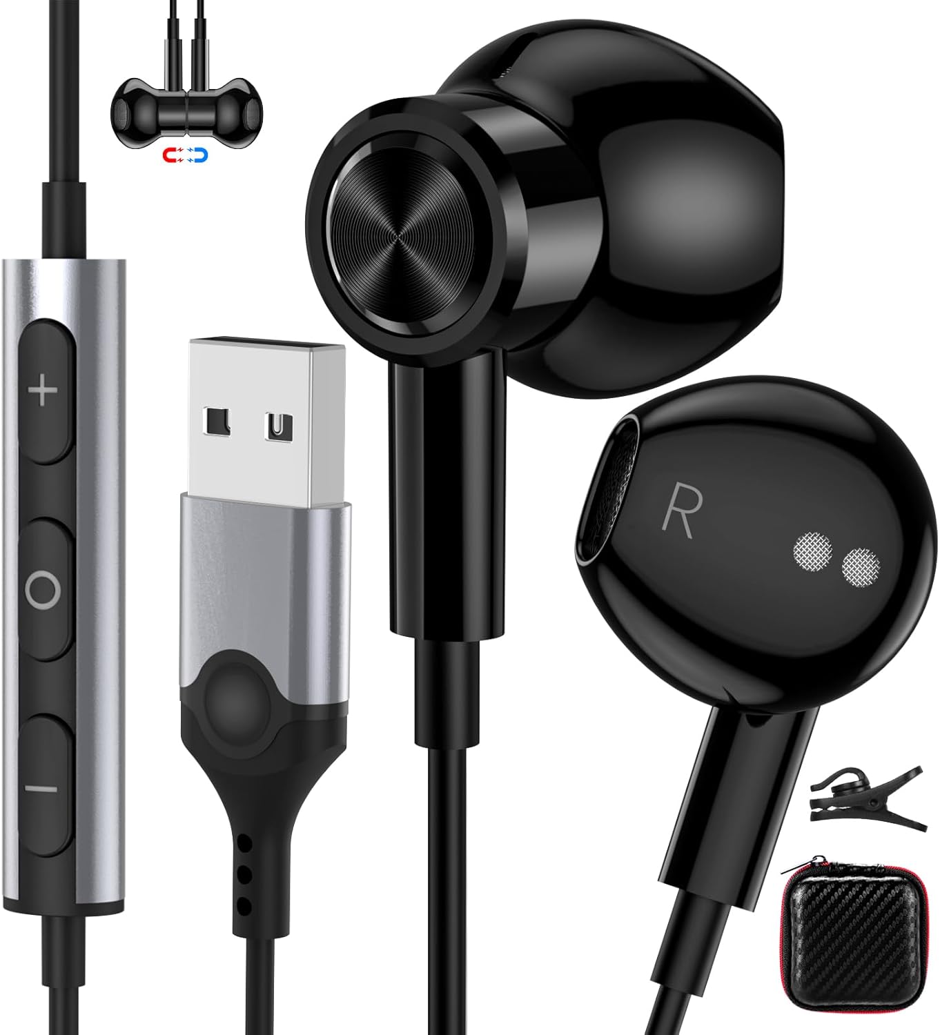 USB Earbuds with Microphone for PC,7.5ft USB A Headphones for Computer Laptop,Magnetic Wired USBA Headset with Mic Noise Cancelling Earphones for HP Dell Surface Zoom Teams Meeting Work School,Black