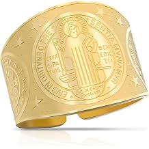 VASSAGO Saint Benedict Medal Ring Stainless Steel Adjustable Medalla De San Benito Ring Christian Catholic Cross Exorcism Bible Verse Protection Religion Jewelry for Men Women