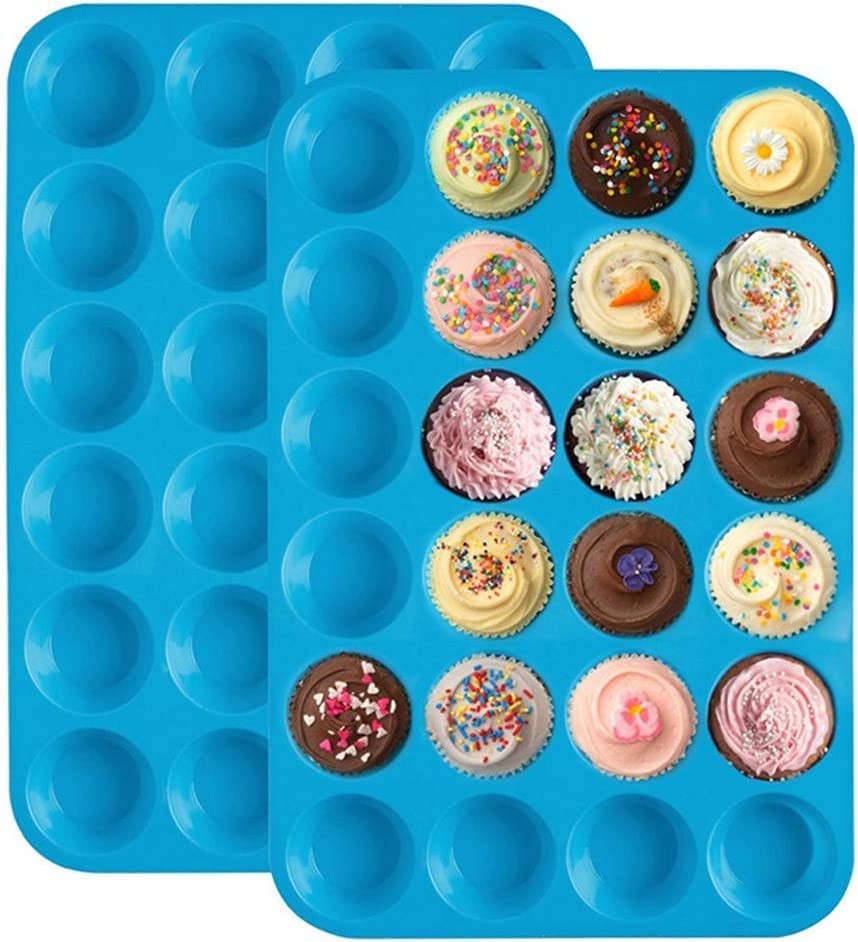 DERDOUT Silicone Muffin Pan Mini 24 Cups Cupcake Pan, Nonstick BPA Free Silicone Baking Pan 1 Pack, Blue, 78.125 cubic centimeters