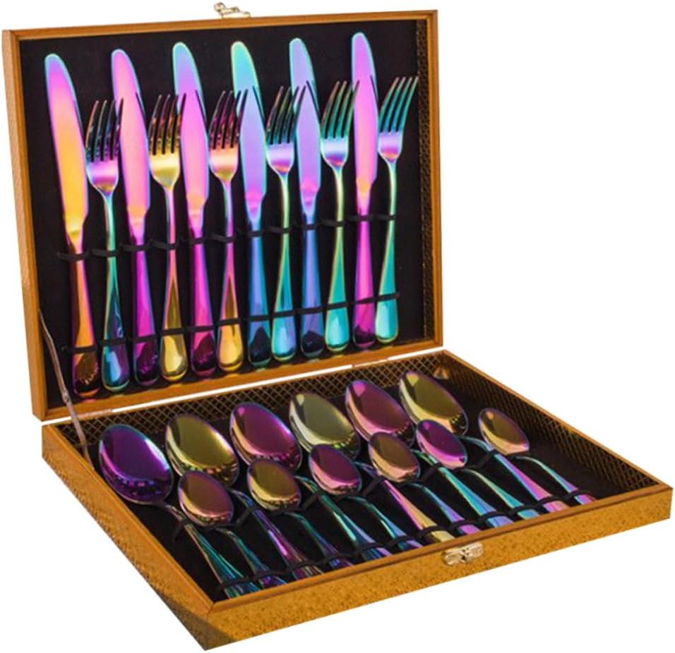 Stainless Steel Cutlery Set with Colorful Finish and Luxury Wooden Box for Home Restaurant and Party Use Includes Spoons Forks and Knives Dishwasher Safe