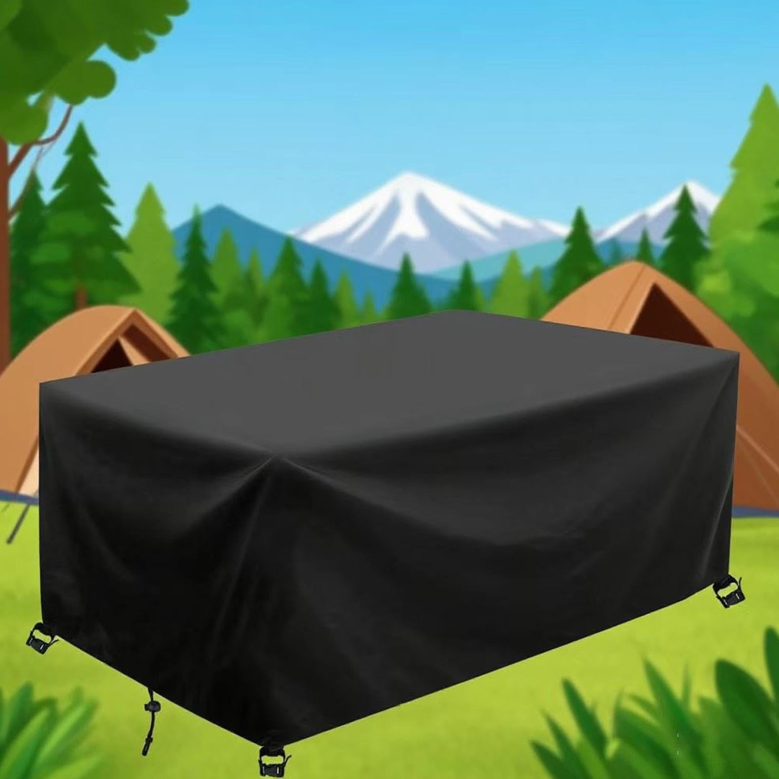 Copertura Tavolo Esterno, Copritavolo Esterno Impermeabile Copertura Impermeabile per Mobili Da Esterno, Anti-UV Coperture Mobili Giardino Rettangolare Nero 260x130x70cm/LxPxH