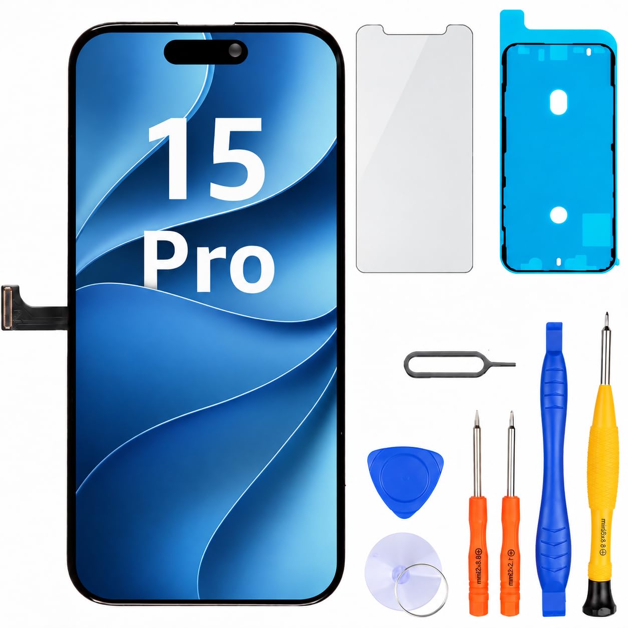 LL TRADER Schermo per iPhone 15 Pro LCD 6,1'' e Kit di Riparazione | Display FHD con 3D Touch e Digitalizzatore, Dotato di Nastro Adesivo Impermeabile e Pellicola Protettiva