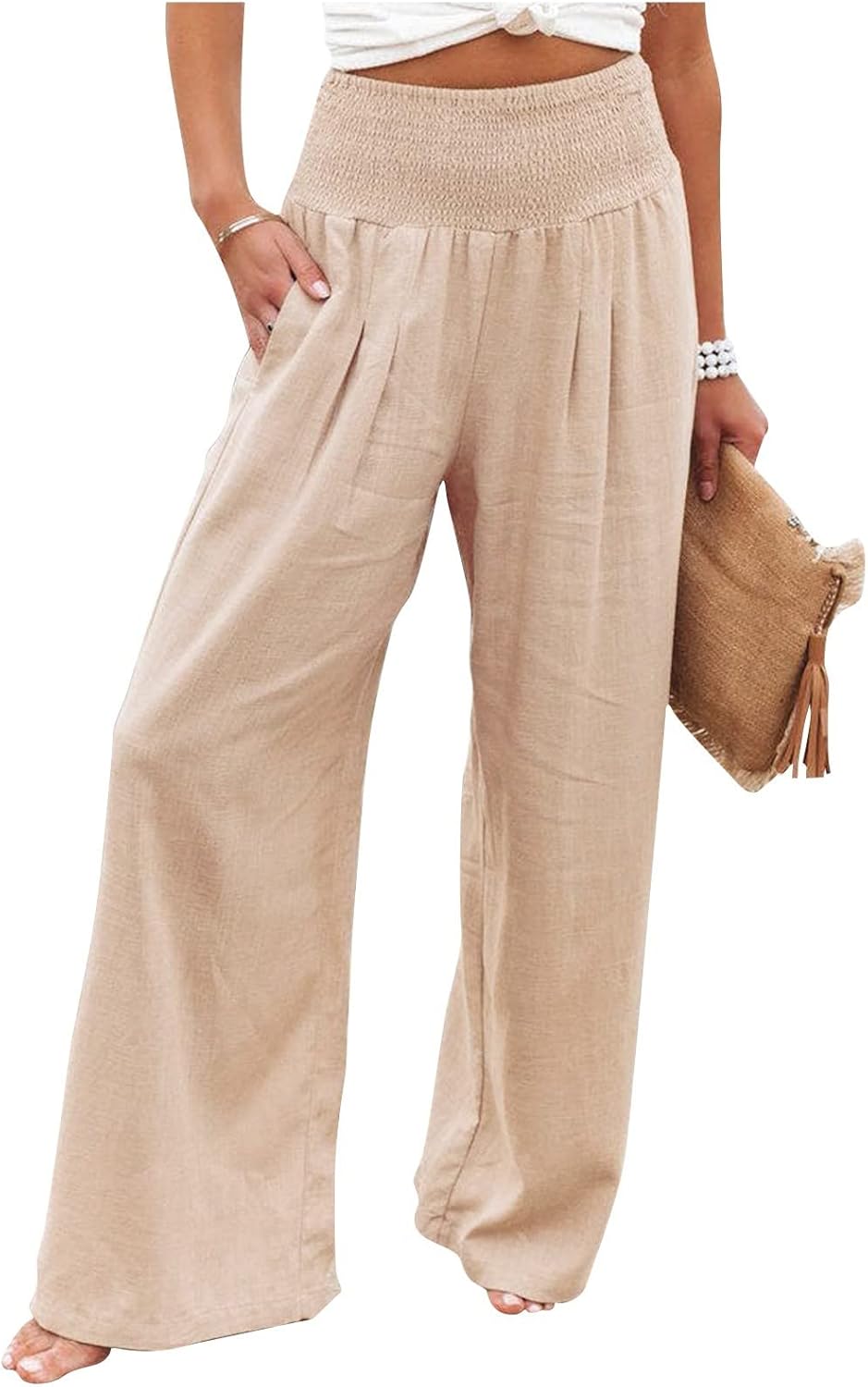FQZWONG Women's Elastic High Waisted Pants Summer Casual Palazzo Pants Loose Fit Comfy Stretchy Lightweight Lounge Trousers at  Women’s Clothing store