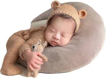 Coberllus Newborn Photography Props Outfits Mohair Bear Hat & Footed Romper for Baby Photo Props Newborn Photo Shoot Props