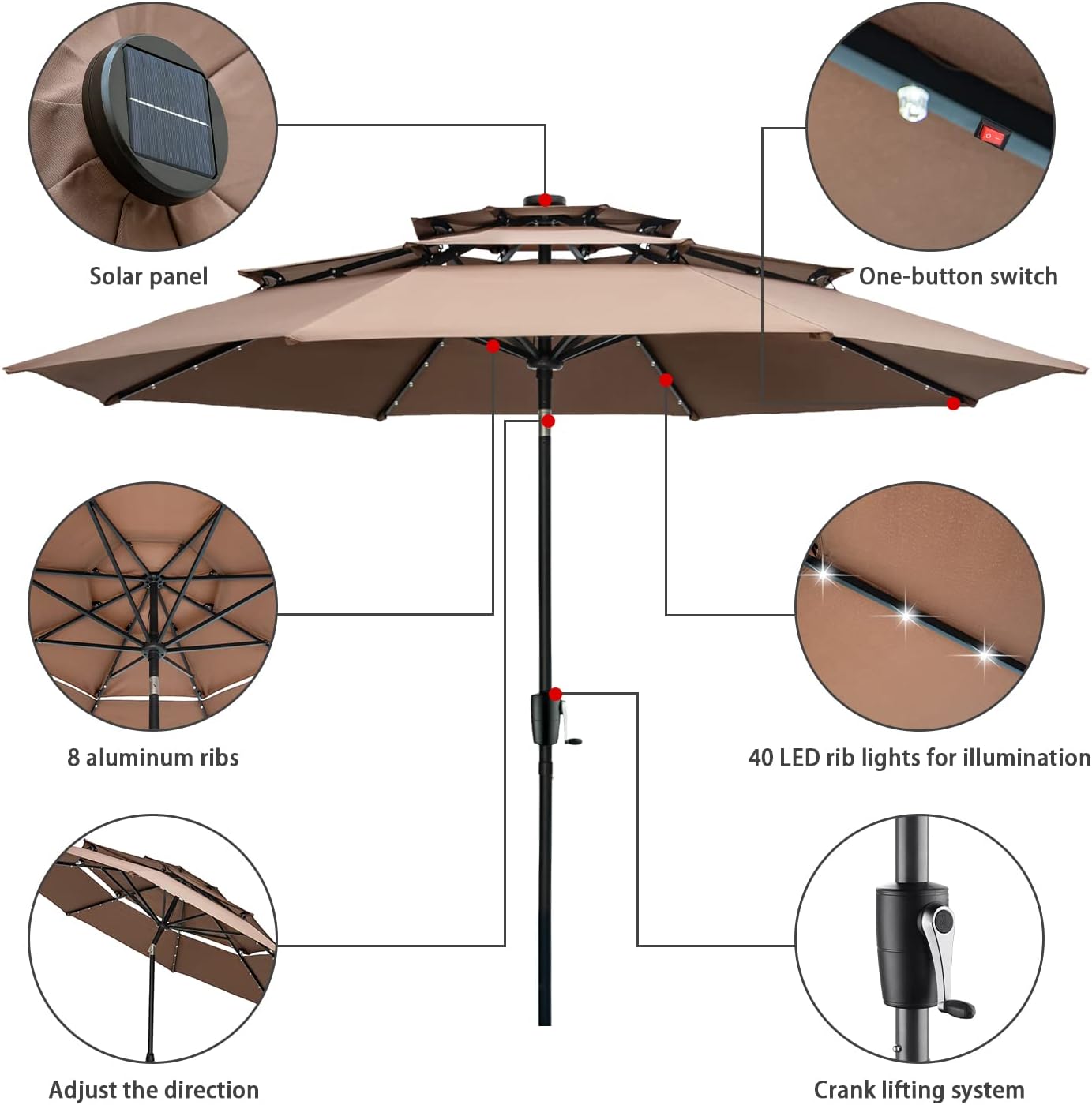 3 Tiers Patio Umbrella with Solar Powered, Outdoor 10ft Market Table Umbrella with 40 LED Lights, Push Button Tilt, Crank and 8 Ribs for Garden, Backyard and Pool