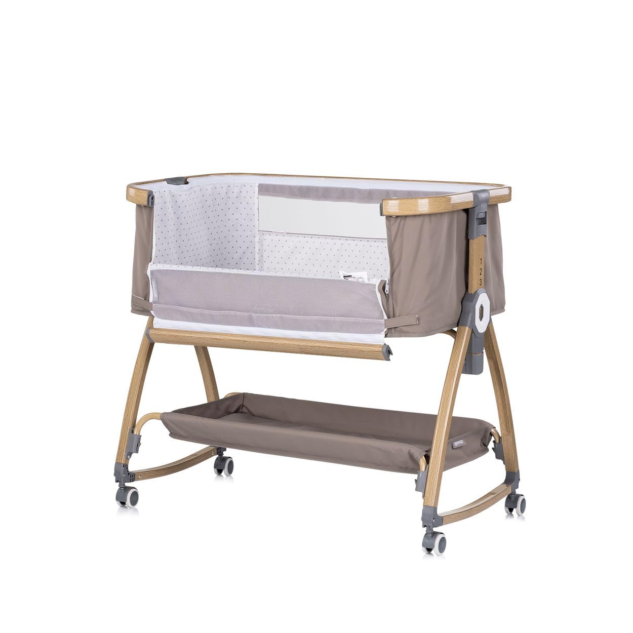 Chipolino Beistellbett Charisma Matratze höhenverstellbar Räder Ablagefach Gurt braun