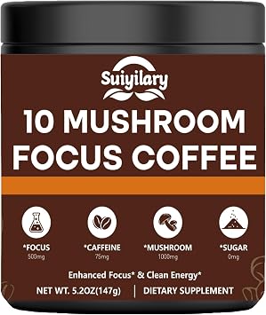 Suiyilary Mushroom Coffee with Focus, 10 Mushroom Extract Powder Blend Lions Mane, Brain Supplements with Instant Coffee for Energy, Focus, Memory and Immunity 147g 21 Serving