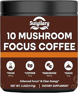 Mushroom Coffee with Focus, 10 Mushroom Extract Powder Blend Lion's Mane, Brain Supplements with Instant Coffee for Energy, Focus, Memory and Immunity 147g 21 Serving