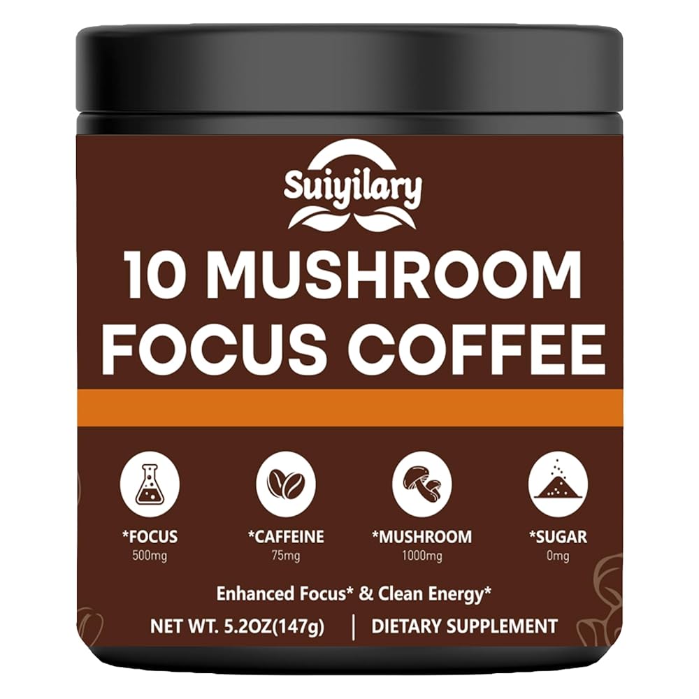 Suiyilary Mushroom Coffee with Focus, 10 Mushroom Extract Powder Blend Lion\'s Mane, Brain Supplements with Instant Coffee for Energy, Focus, Memory and Immunity 147g 21 Serving