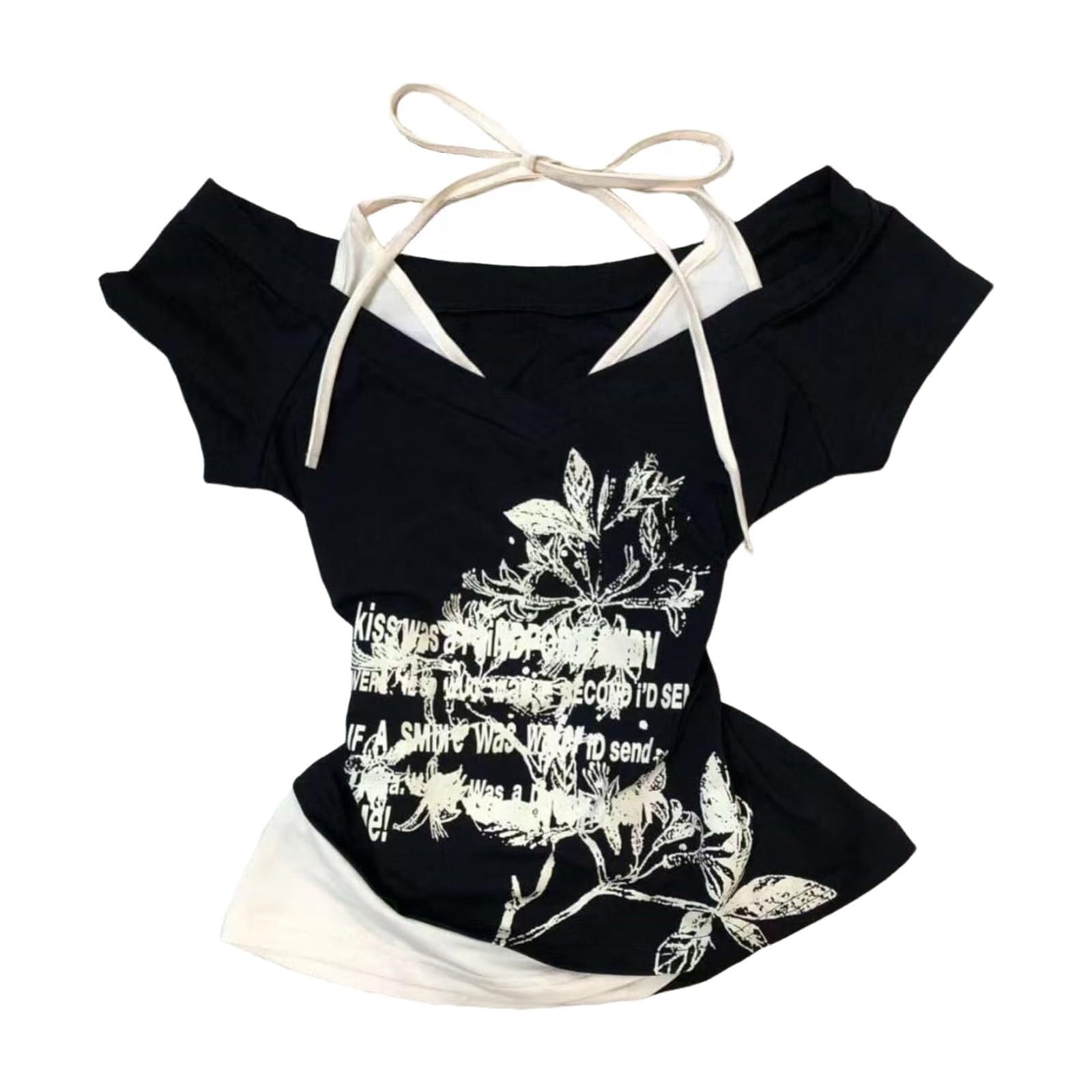 Women Y2k Emo Grunge Graphic Baby Tees Fake Two Piece Short Sleeve Vintage Crop Top 2000s Goth Alt Clothing Streetwear