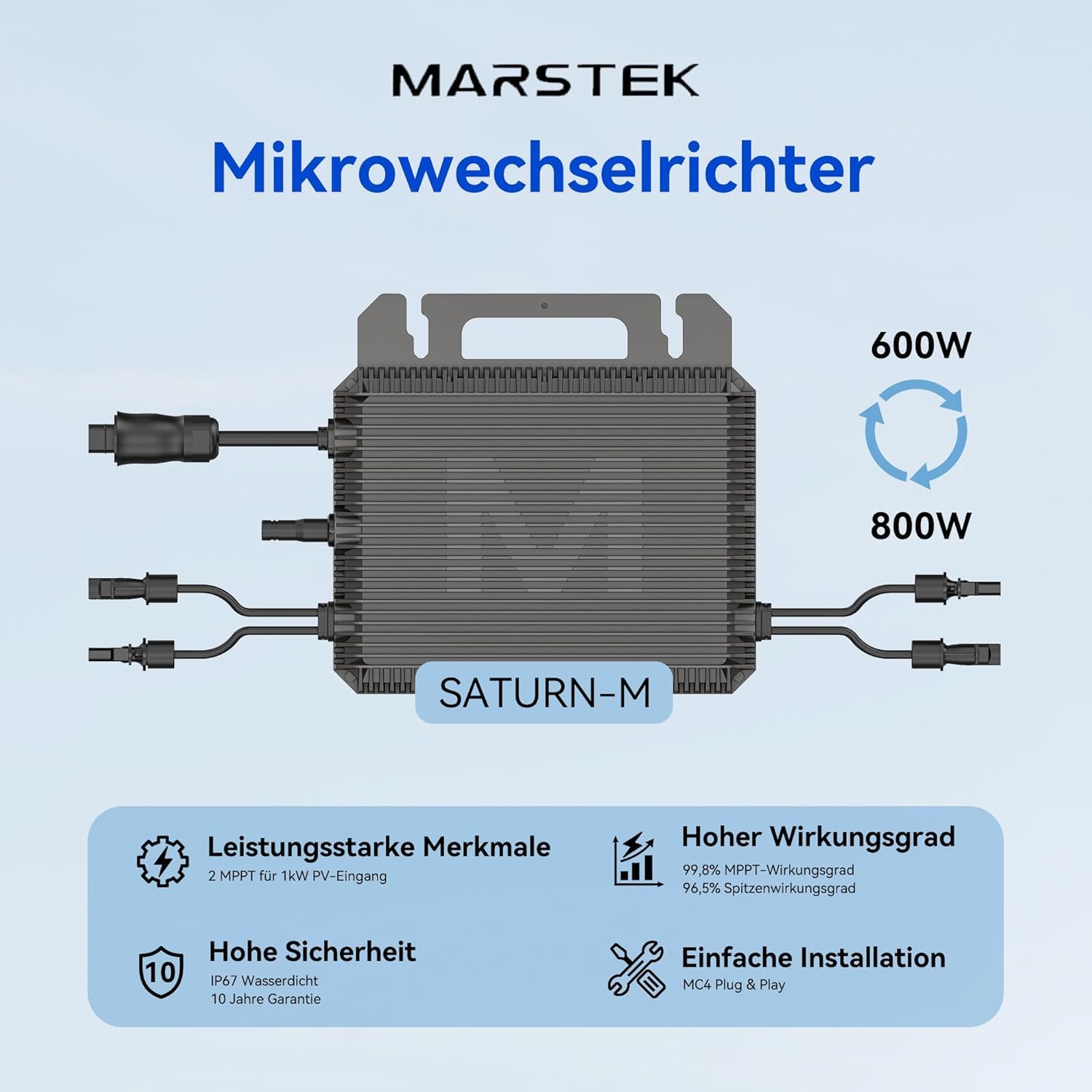MARSTEK Mikro-Wechselrichter 800 W MST-MI0800 für Balkonkraftwerk, IP67 wetterfest, Plug-&-Play Installation, 2 MPPT, Bluetooth & WiFi, inkl. 5 m Anschlusskabel, Micro Inverter