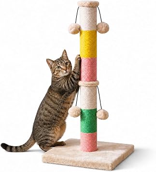 30 Inch High Cat Scratching Post with 4 Plush Teasing Toy Balls, Natural Sisal Rope Post and Thickened Base, Red Green Yellow White