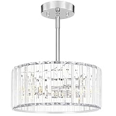 Modern Crystal Chandelier for Dining Room Chrome Semi Flush Mount Ceiling Light Fixtures Round Kitchen Hanging Drum Pendant