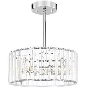Modern Crystal Chandelier for Dining Room Chrome Semi Flush Mount Ceiling Light Fixtures Round Kitchen Hanging Drum Pendant