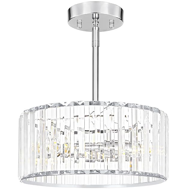 Modern Crystal Chandelier for Dining Room Chrome Semi Flush Mount Ceiling Light Fixtures Round Kitchen Hanging Drum Pendant