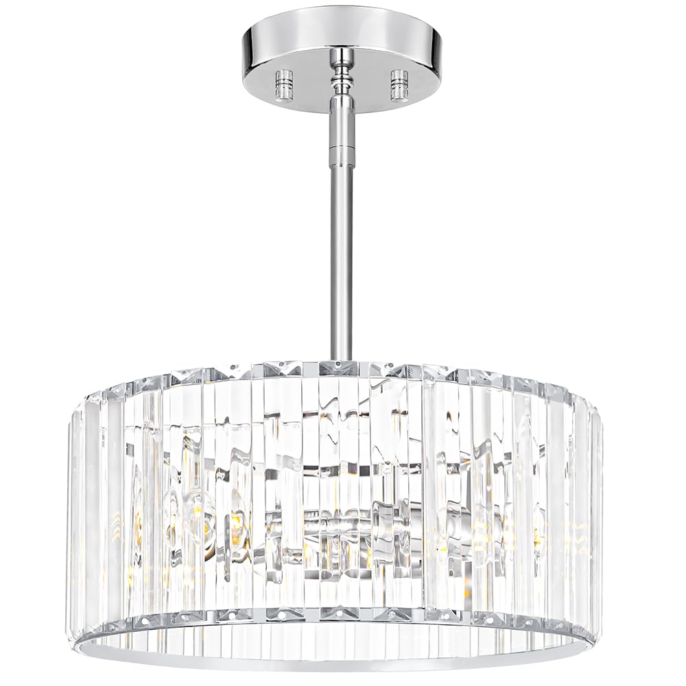 Modern Crystal Chandelier for Dining Room Chrome Semi Flush Mount Ceiling Light Fixtures Round Kitchen Hanging Drum Pendant