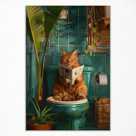 Amazon.com: Funny Cat Reading Newspaper on Toilet Canvas Wall Art ...