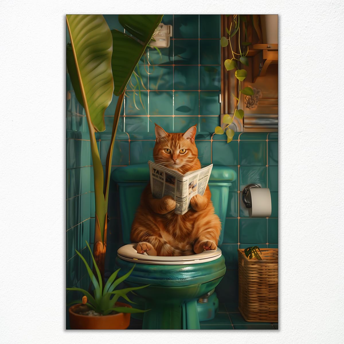Funny Cat Reading Newspaper on Toilet Canvas Wall Art - Cute Pooping Bathroom Poster Print - Animal Decor 12x16in Unframed