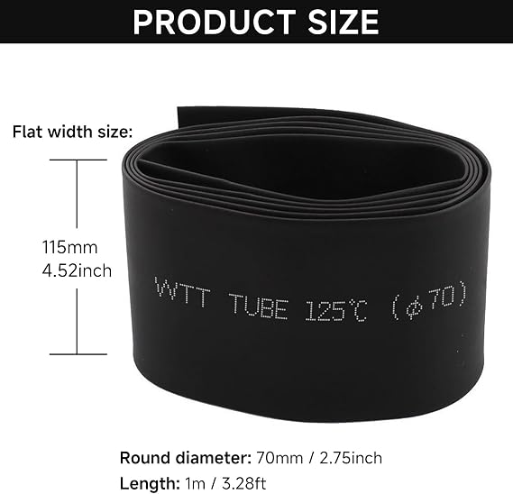 Heat Shrink Tube, Wire Wrap Electrical Cable Ratio 2:1 Heat Shrinkable Shrinking Sleeving Black 1M / 3.3Ft Dia 70mm (70MM)
