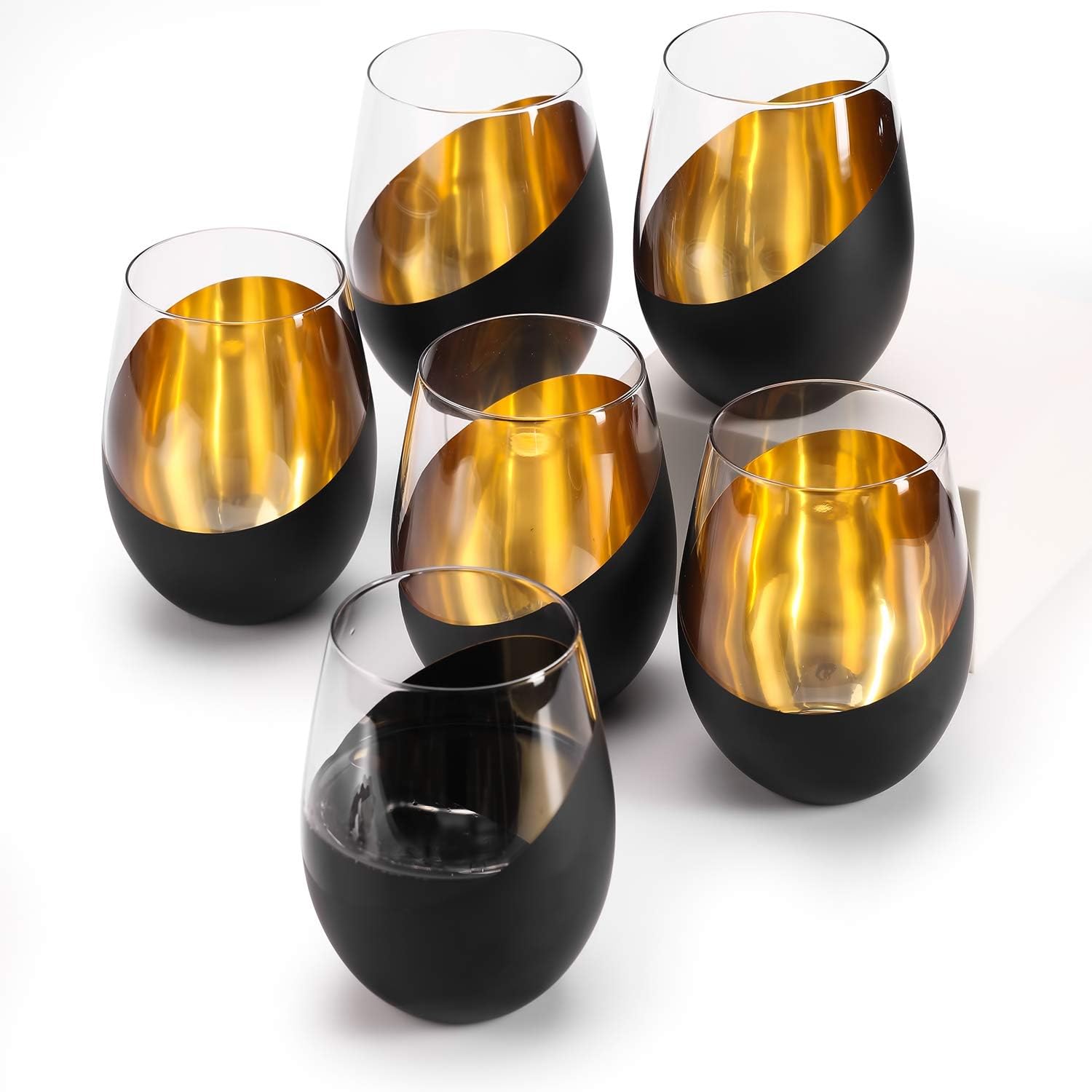MyGift Modern Matte Black and Gold Tilted Design Stemless Wine Glasses Tumblers - 18 oz, Set of 6 - Image 4