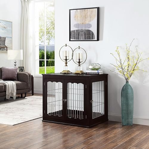 Miniatura 8 de unipaws - Mesa auxiliar con cojín para mascotas, alambre de madera para perros con puertas dobles, diseño moderno, caja de tamaño mediano y grande,