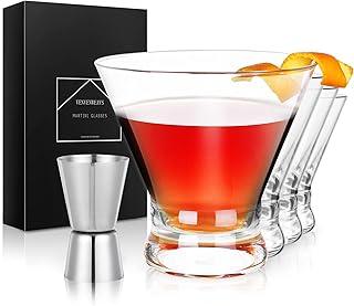 Martini Glasses Set of 4,Hand-blown Stemless Crystal Martini Glasses And Bar Jigger in Gift Box,Cocktail Glasses for Cosmopolitan,Manhattan,Gimlet,Martini,Cocktail Party
