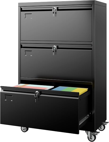 Aobabo 3 Drawer Lateral File Cabinet Lockable Metal