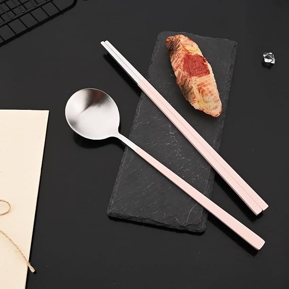 JASHII 8-piece Pink Korean Chopstick and Spoon Set Service for 4 Matte Stainless Steel Flat Chopsticks Soup Spoons Set Satin Finished Dishwasher Safe for Noodles Sushi