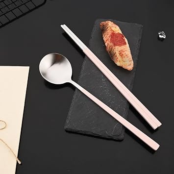 JASHII 8-piece Pink Korean Chopstick and Spoon Set Service for 4 Matte Stainless Steel Flat Chopsticks Soup Spoons Set Satin Finished Dishwasher Safe for Noodles Sushi