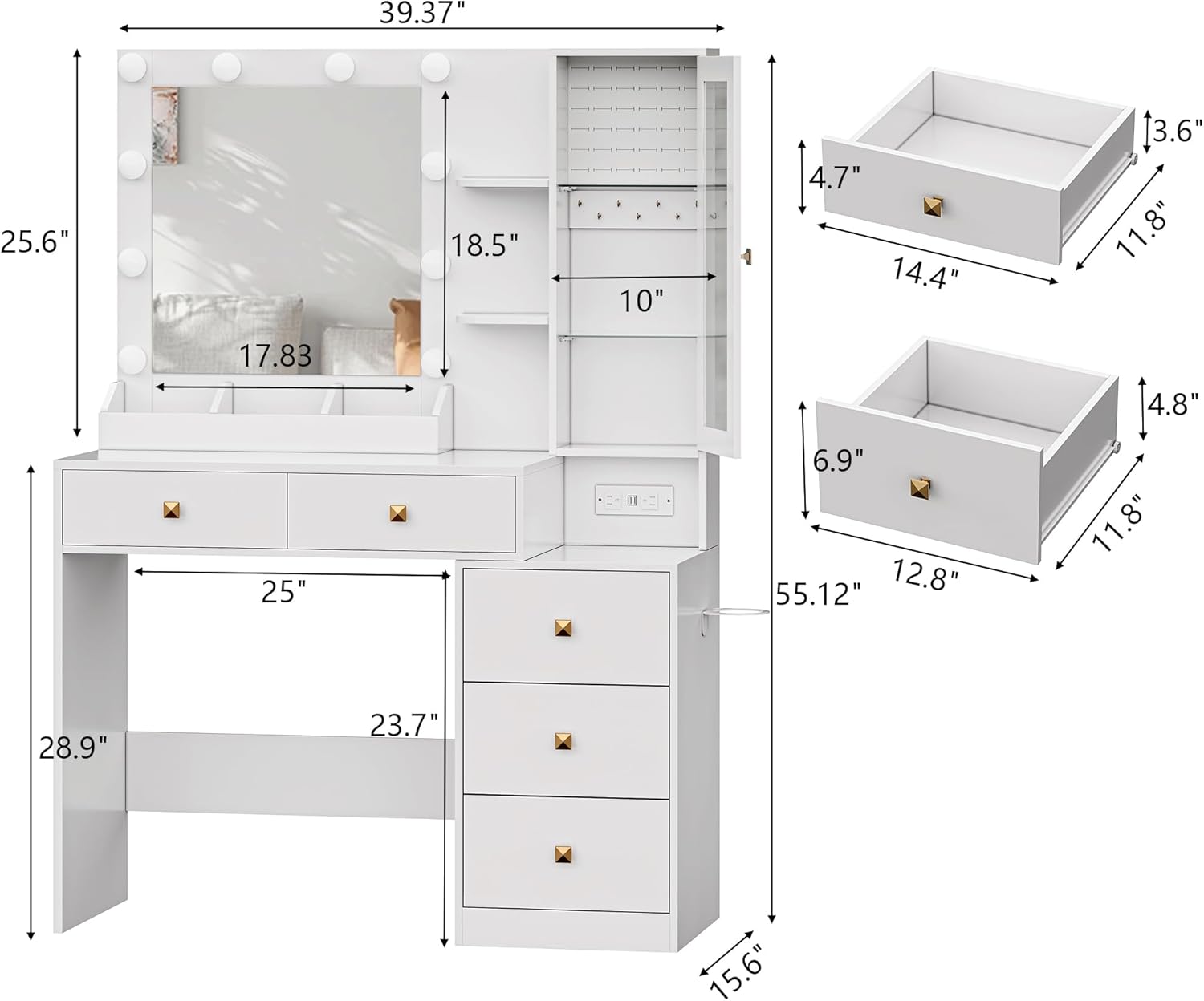 Vanity Desk with Mirror and Lights, White Makeup Vanity Mirror with Lights Desk with 5 Drawers, Jewelry Organizer& LED Glass Cabinet, 3 Light Mode Dressing Table Set for Girls, Women