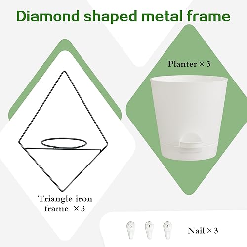 Miniatura 7 de 3 juegos de macetas de pared para plantas de interior, maceta colgante de pared con soporte de metal negro, macetas geométricas de pared con riego