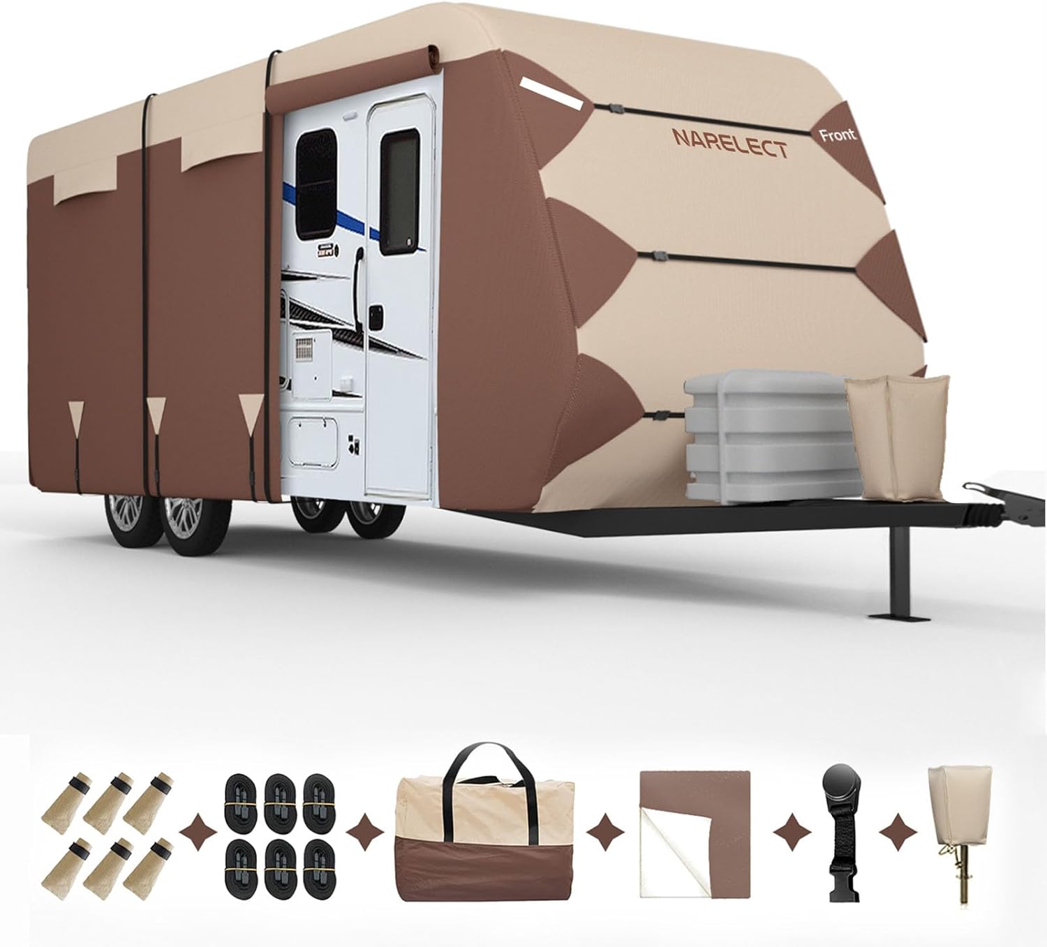 RV Cover Travel Trailer Cover: 19'-20' Camper Covers 7 Layers Top Windproof Waterproof Rip-Stop with Tongue Jack Cover, Gutter Cover, Extra Windproof Ropes, Brown
