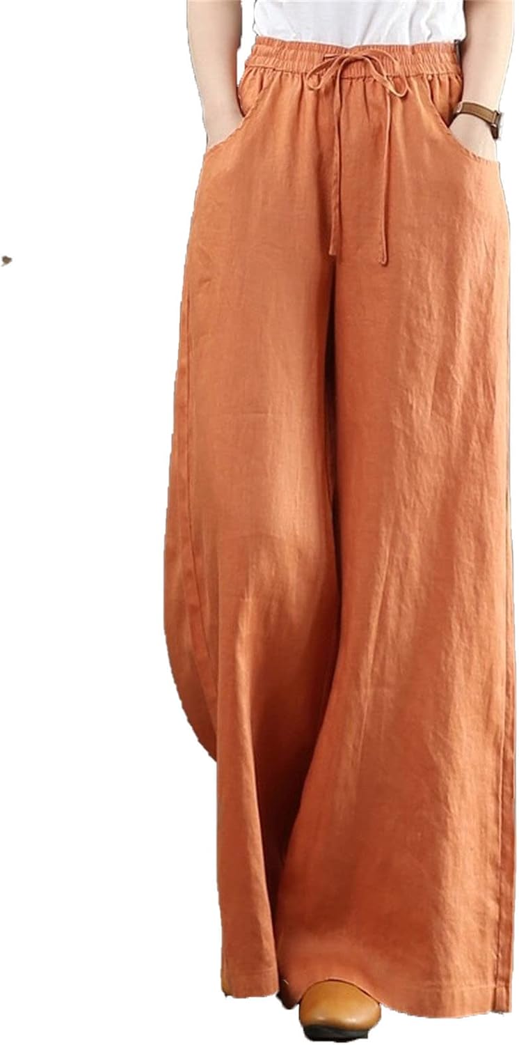 DGHM-JLMY Women's Linen High Waist Straight Leg Pants Plus Size Knit Wide Leg Pant Drawstring Casual Loose Trousers Pockets