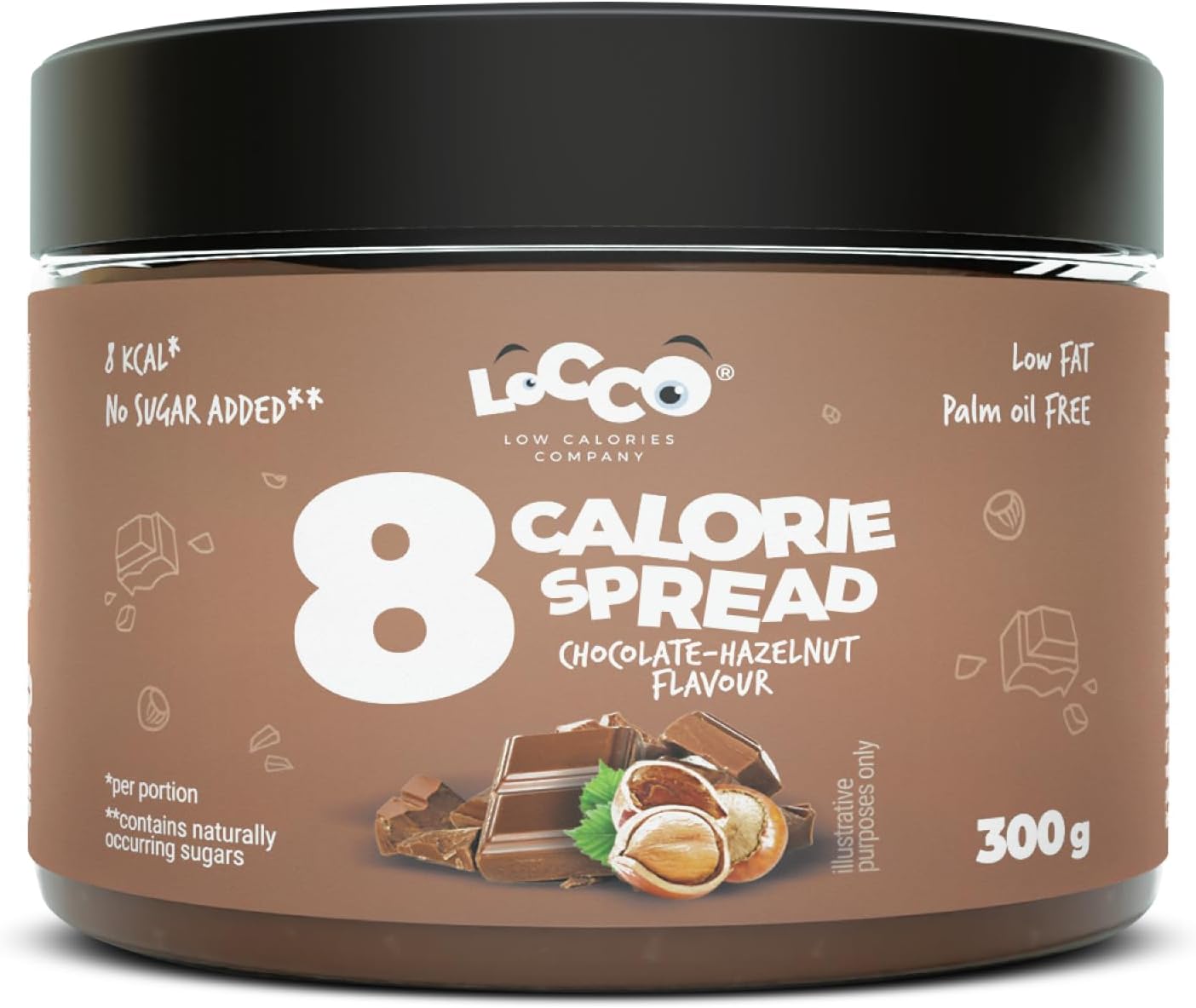 LoCCo Low Calorie Spread 8 kcal – Chocolate Hazelnut Flavour Sugar Free – Keto, Low Carb, Vegetarian – Palm Oil & Gluten Free (Choc & Nut, 300g)